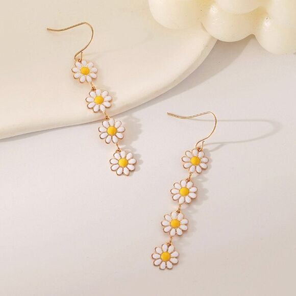 White Daisy Enamel Chain Dangle Earrings - Picture 2 of 5